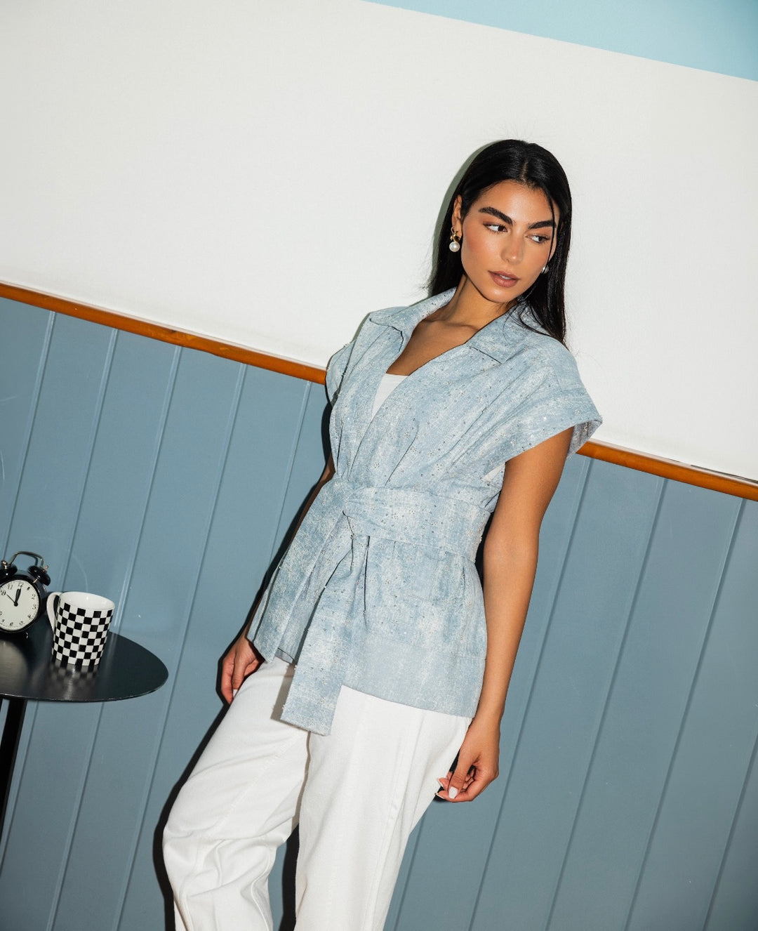 Sparkle Denim Vest in Light-Blue