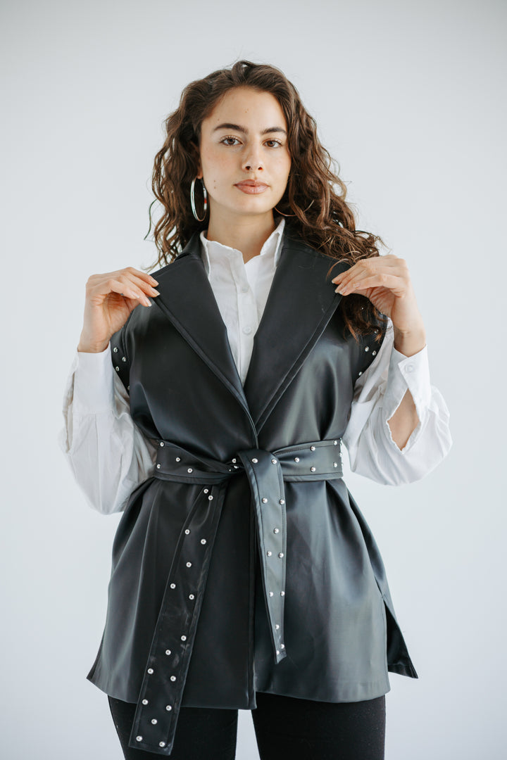 Studded Faux-Leather Belted Vest in Black