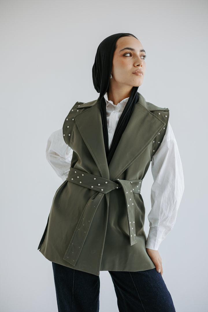 Studded Faux-Leather Belted Vest in Olive