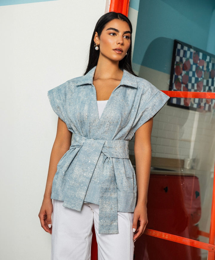 Sparkle Denim Vest in Light-Blue