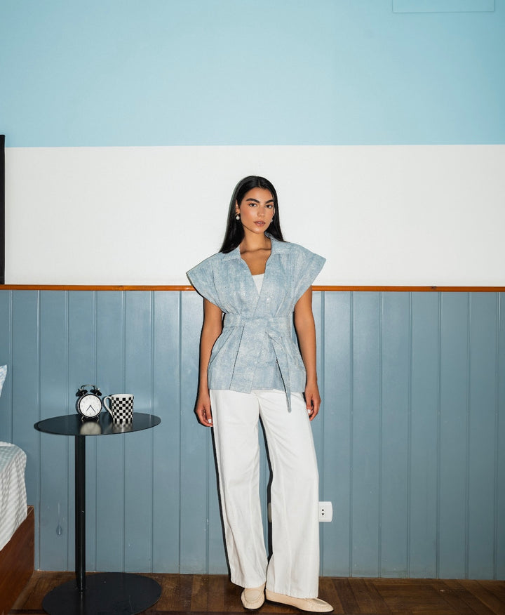 Sparkle Denim Vest in Light-Blue