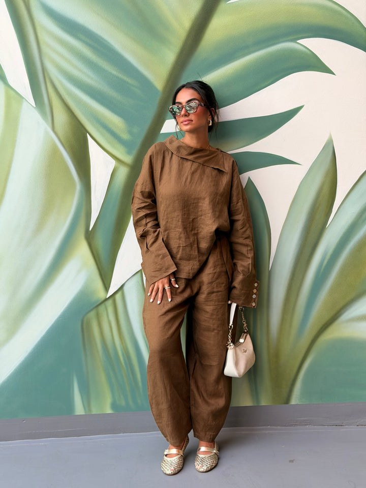 Pure Linen Ballon Set in Olive-Green