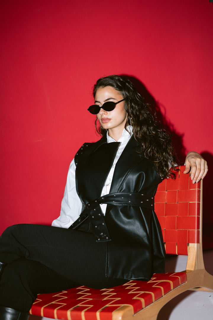 Studded Faux-Leather Belted Vest in Black