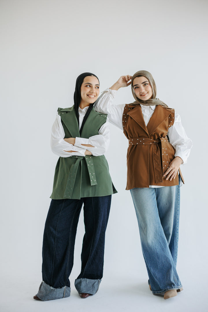 Studded Faux-Leather Belted Vest in Olive