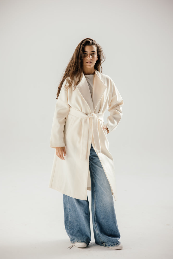 Belted collar coat - off white