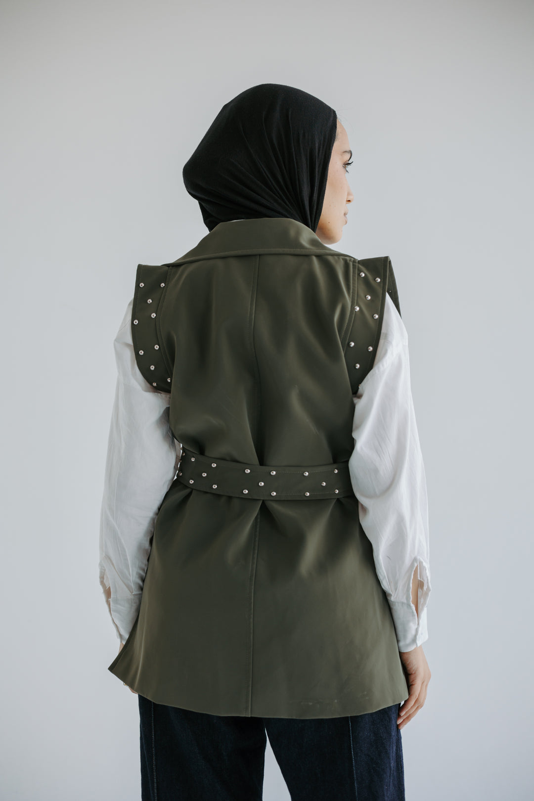Studded Faux-Leather Belted Vest in Olive