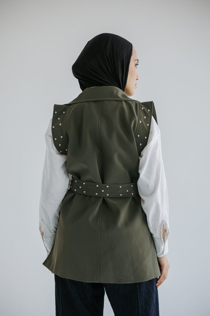 Studded Faux-Leather Belted Vest in Olive