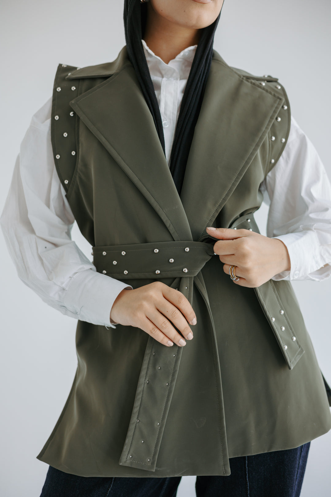 Studded Faux-Leather Belted Vest in Olive