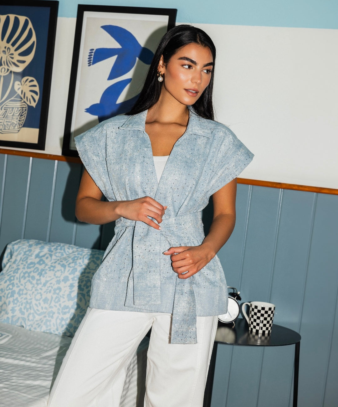 Sparkle Denim Vest in Light-Blue