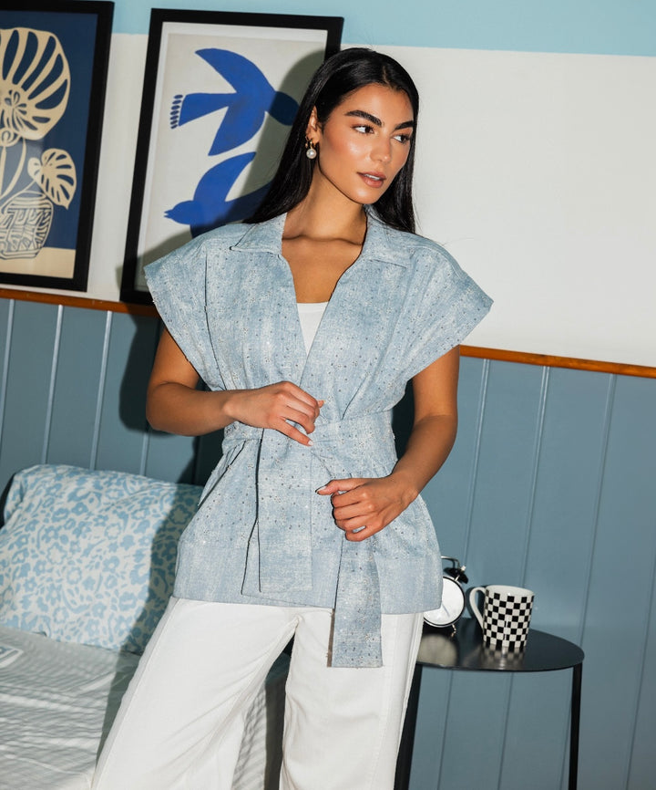 Sparkle Denim Vest in Light-Blue