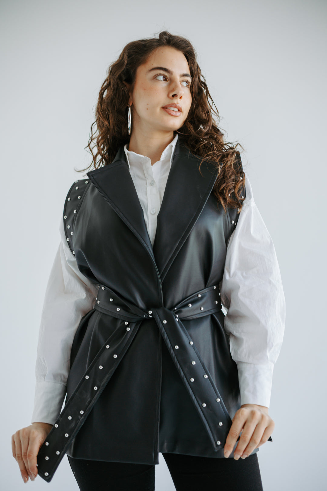 Studded Faux-Leather Belted Vest in Black