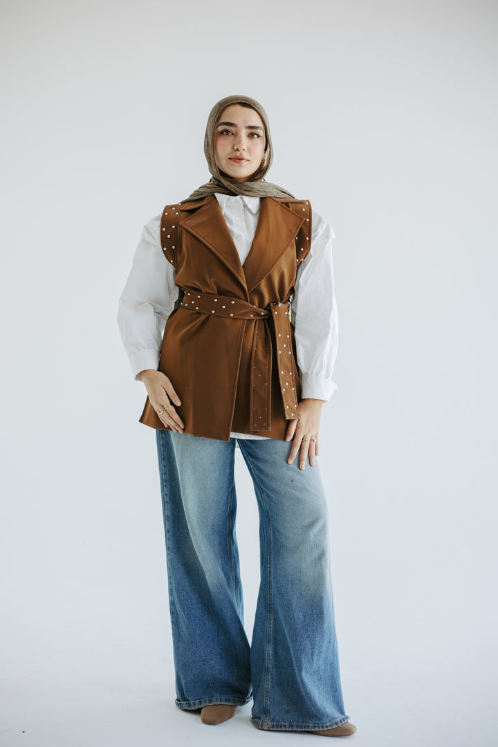 Studded Faux-Leather Belted Vest in Havan