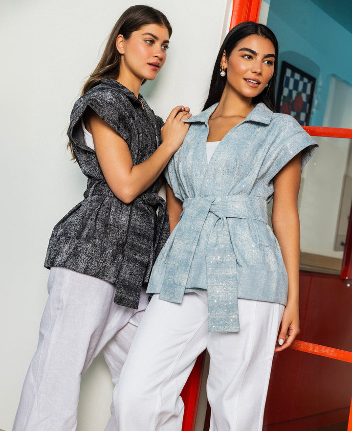Sparkle Denim Vest in Black
