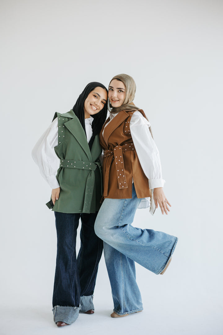 Studded Faux-Leather Belted Vest in Olive