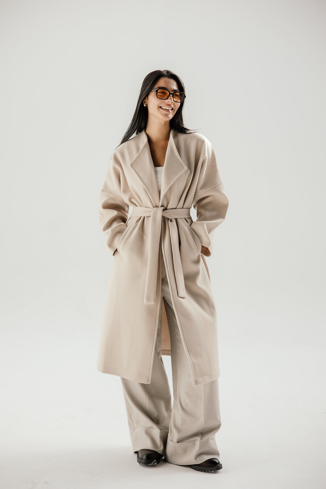 Belted collar coat- beige
