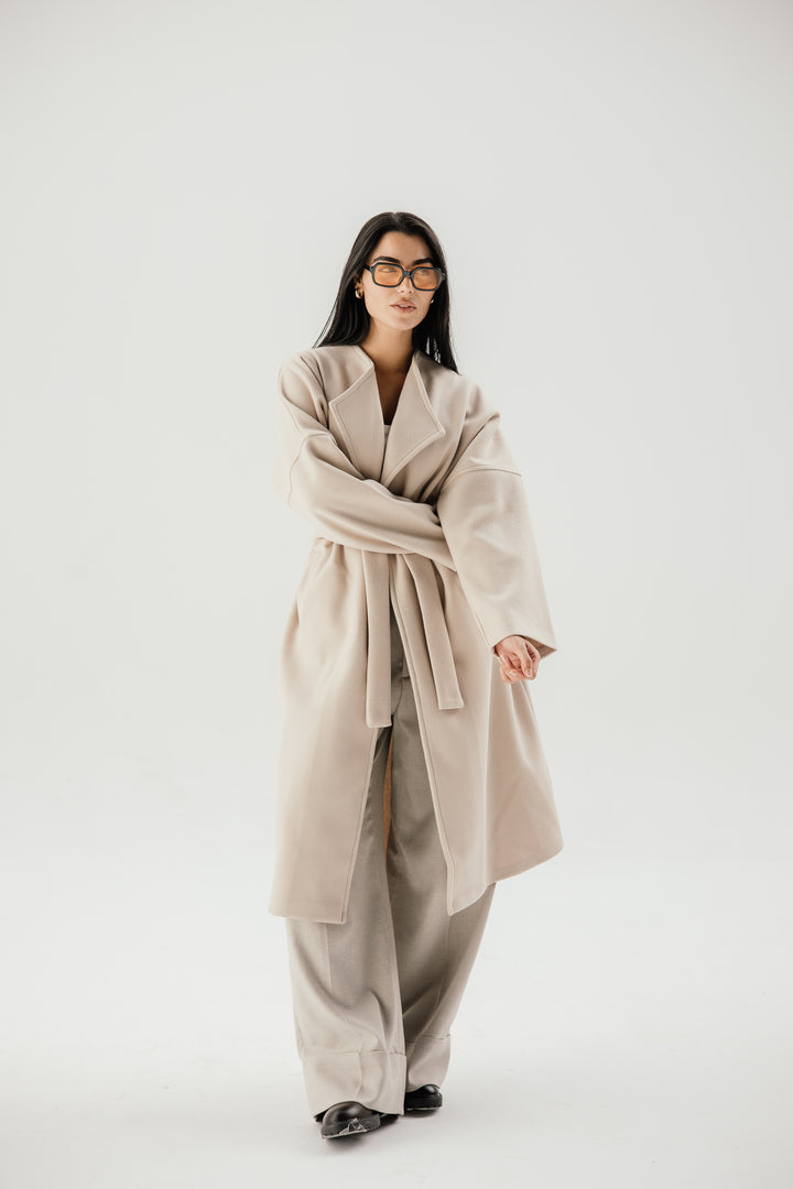 Belted collar coat- beige