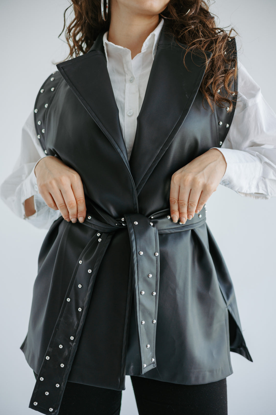 Studded Faux-Leather Belted Vest in Black