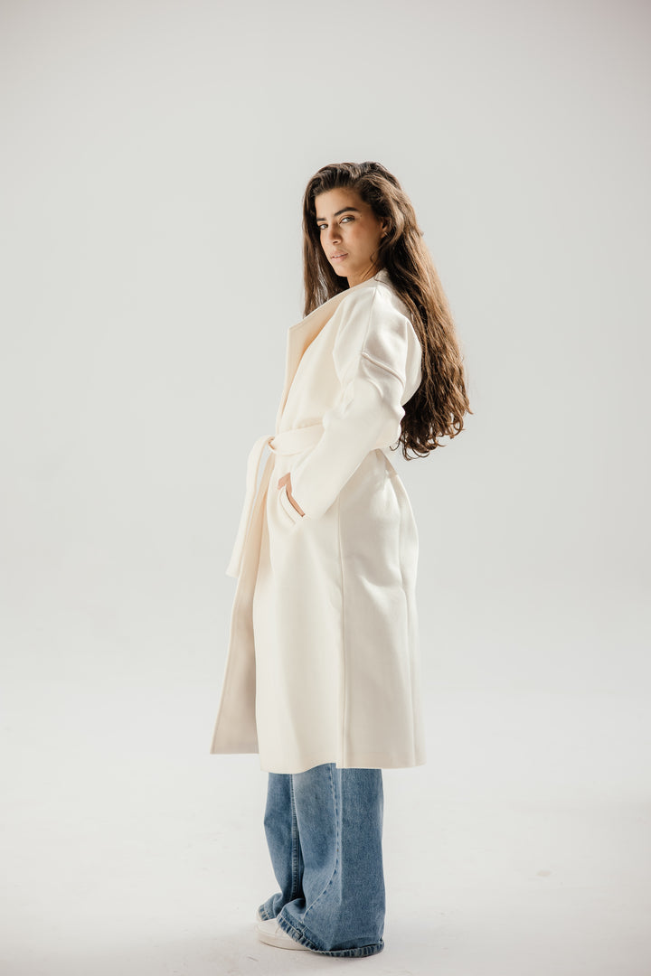 Belted collar coat - off white
