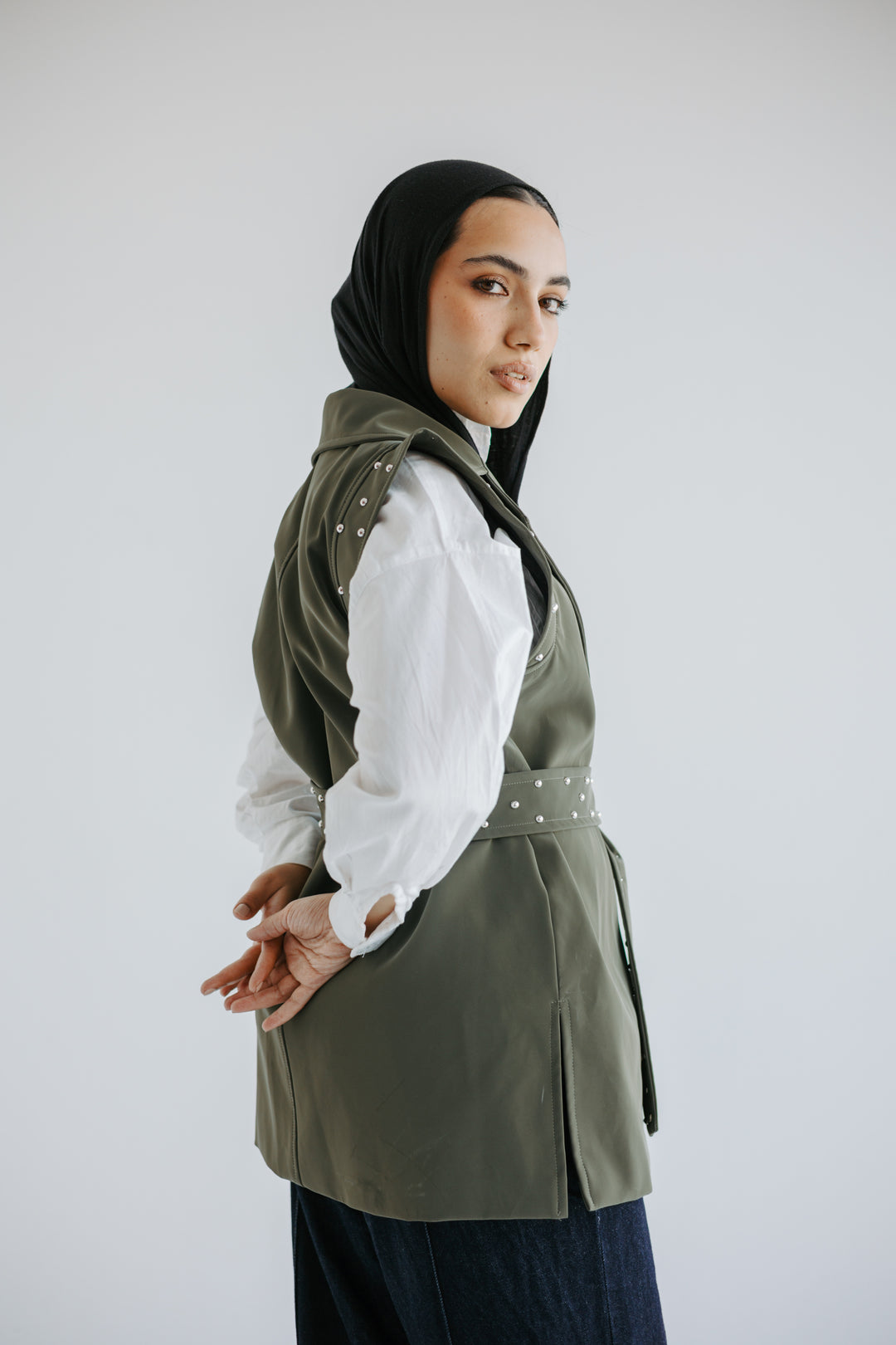 Studded Faux-Leather Belted Vest in Olive