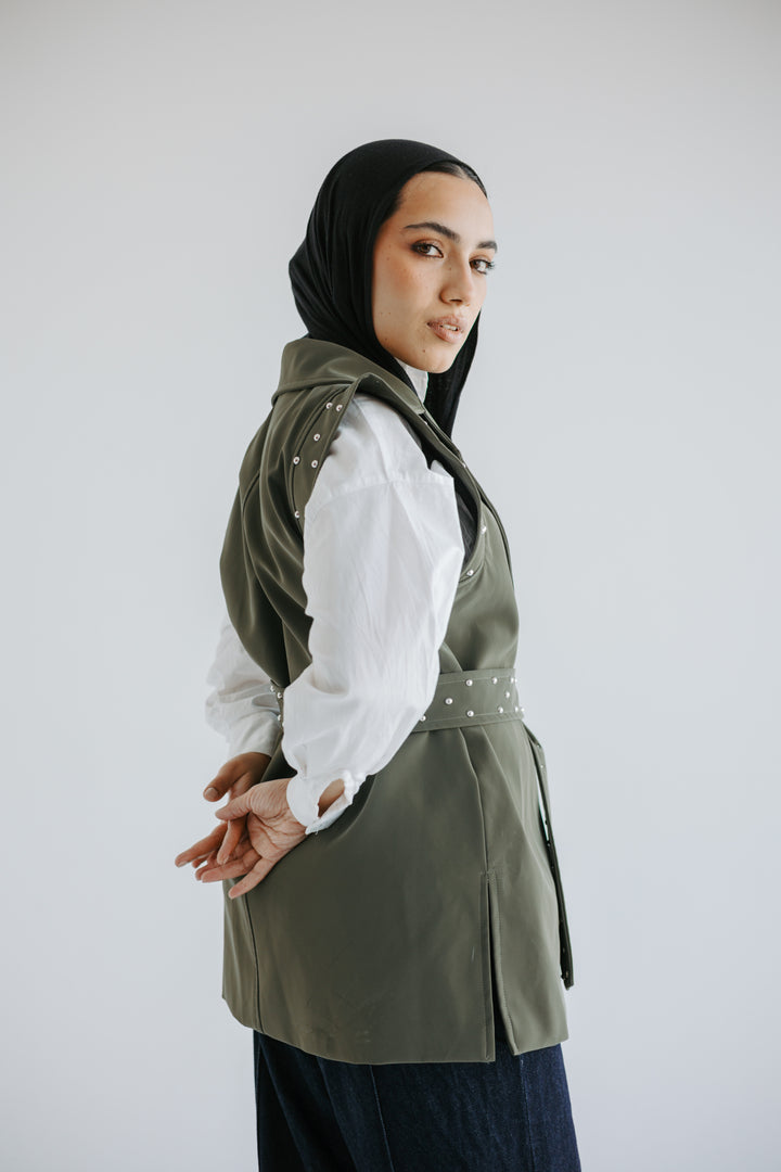 Studded Faux-Leather Belted Vest in Olive