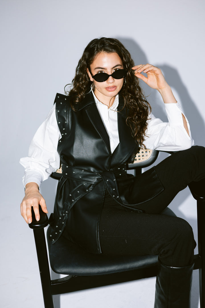 Studded Faux-Leather Belted Vest in Black