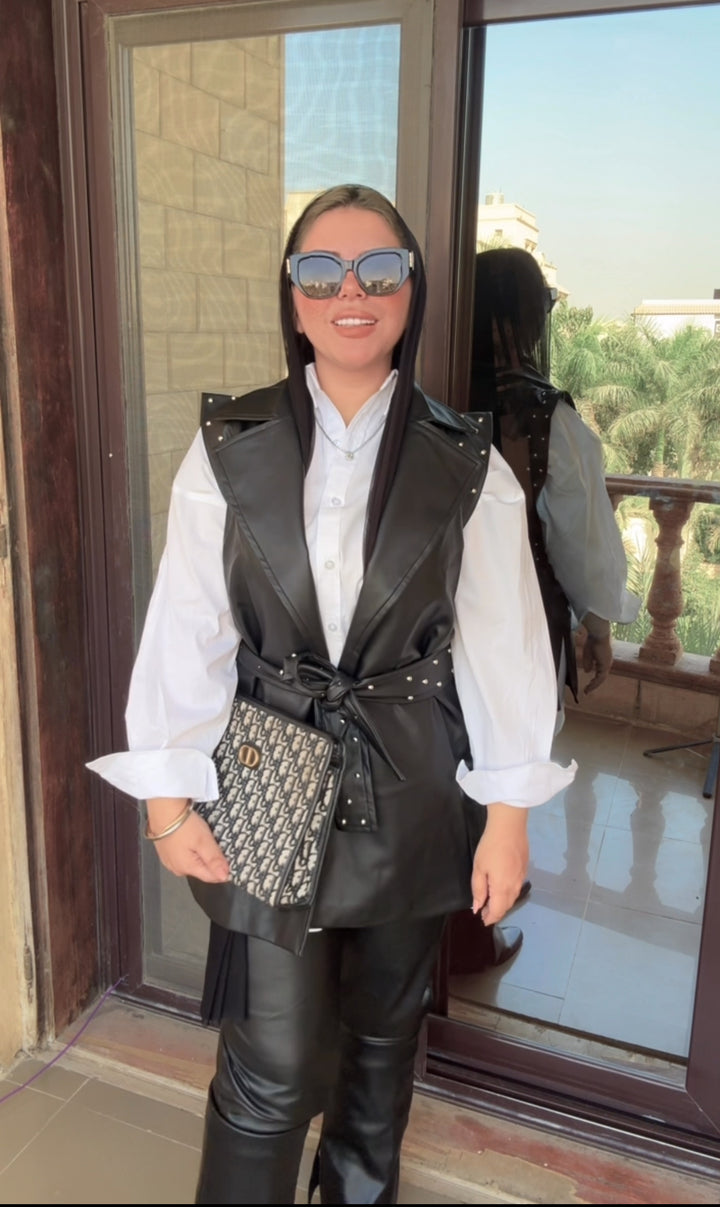 Studded Faux-Leather Belted Vest in Black