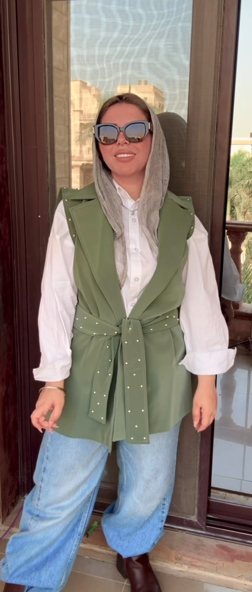 Studded Faux-Leather Belted Vest in Olive